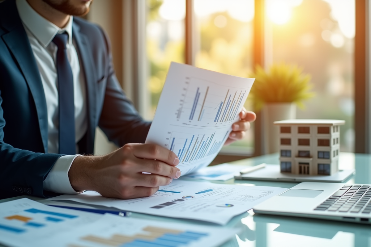 Professionnel analysant brochures immobilières à un bureau lumineux