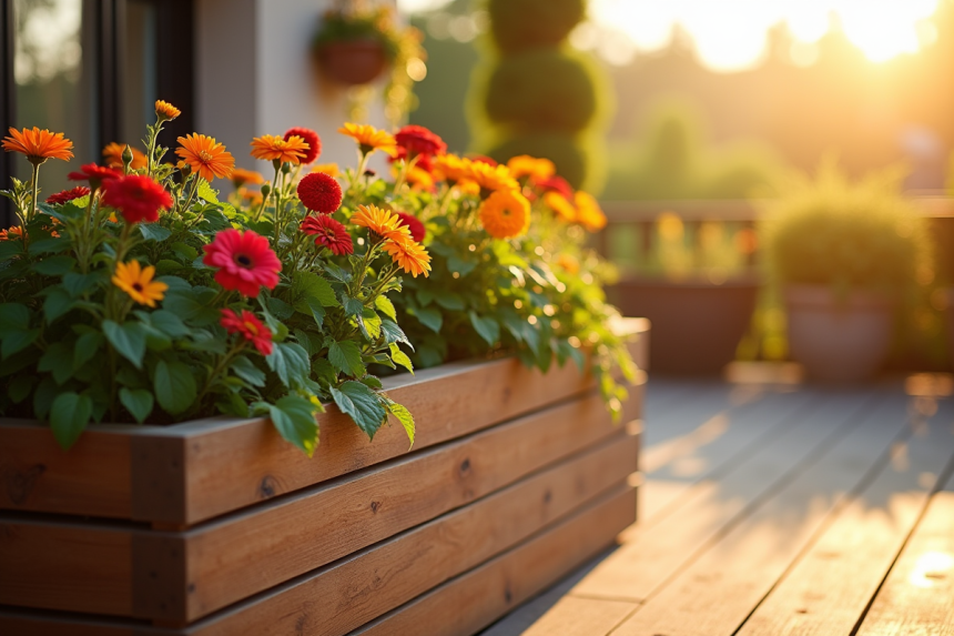 Planter en bois moderne avec fleurs colorées en terrasse ensoleillée