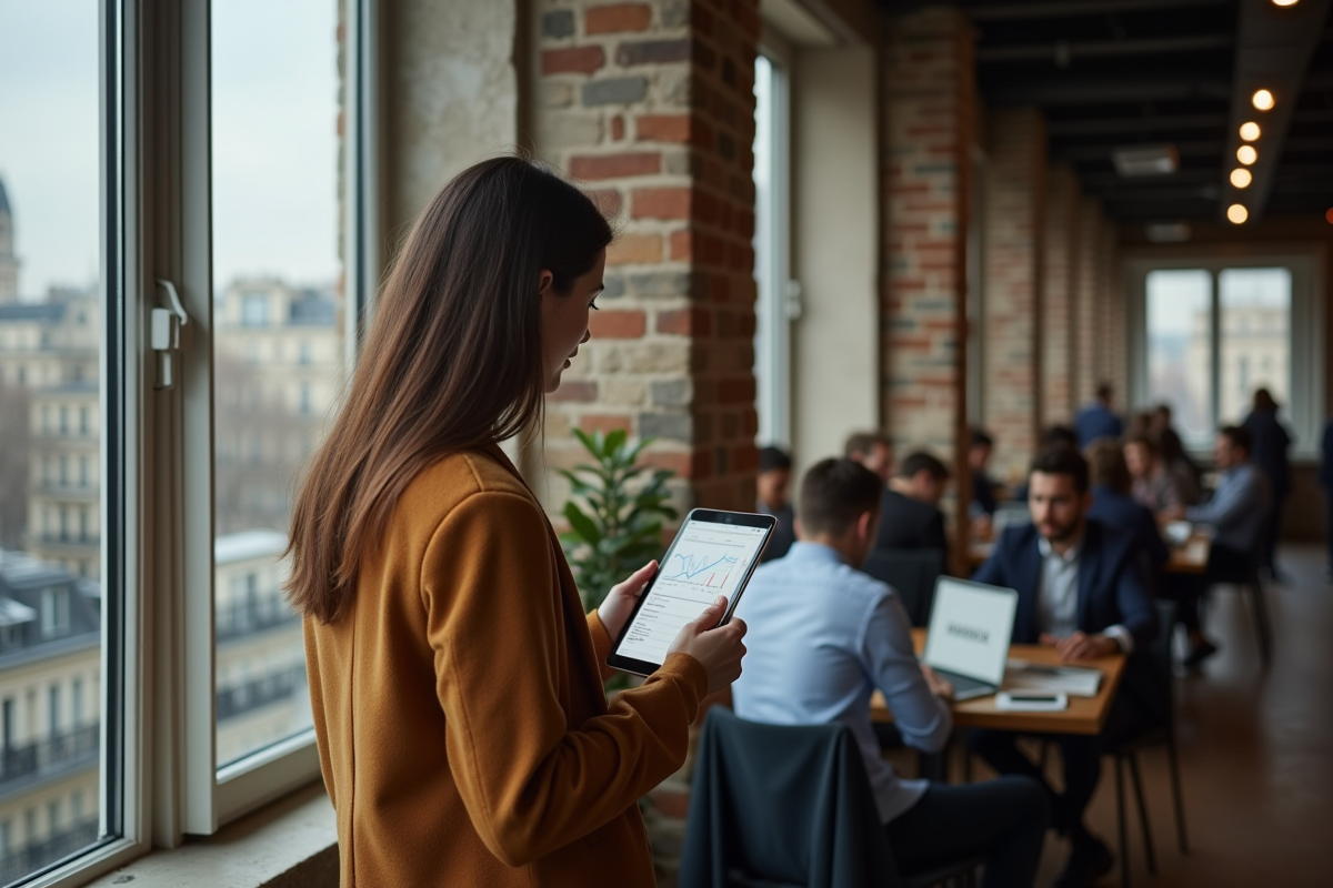 Jeune femme entrepreneure utilisant une tablette dans un coworking parisien