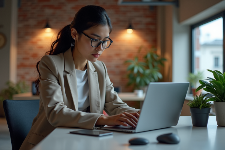 Jeune femme entrepreneure en coworking avec prototypes tech