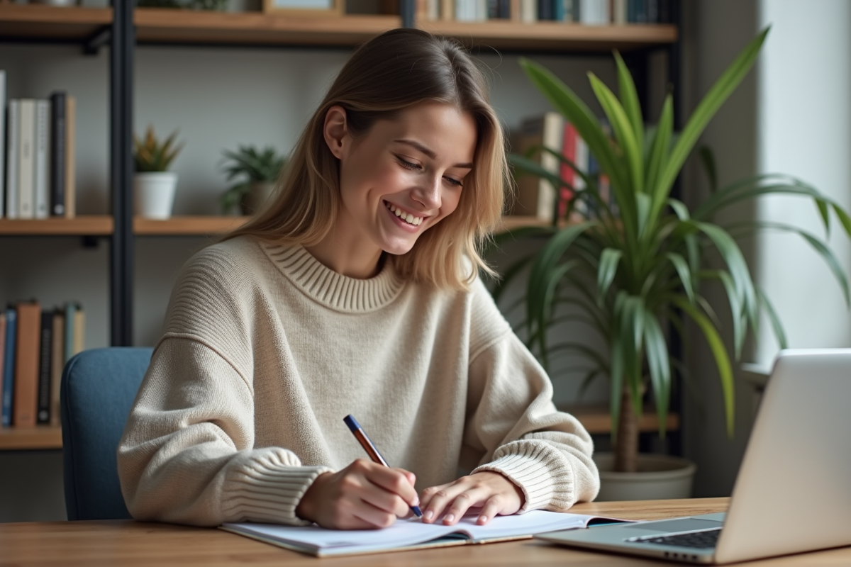 Jeune femme souriante écrivant du vocabulaire français dans un carnet