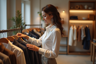 Jeune femme élégante dans une boutique chic à Paris