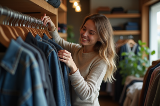 Jeune femme souriante choisissant des vêtements en boutique