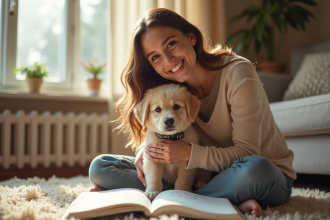 Jeune femme souriante avec un chiot peluche dans un salon lumineux