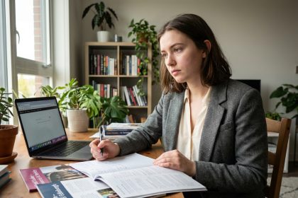 Jeune femme étudiante en tenue casual étudie des brochures universitaires