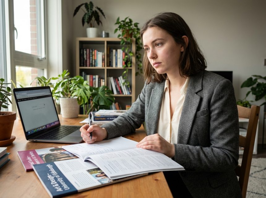 Jeune femme étudiante en tenue casual étudie des brochures universitaires