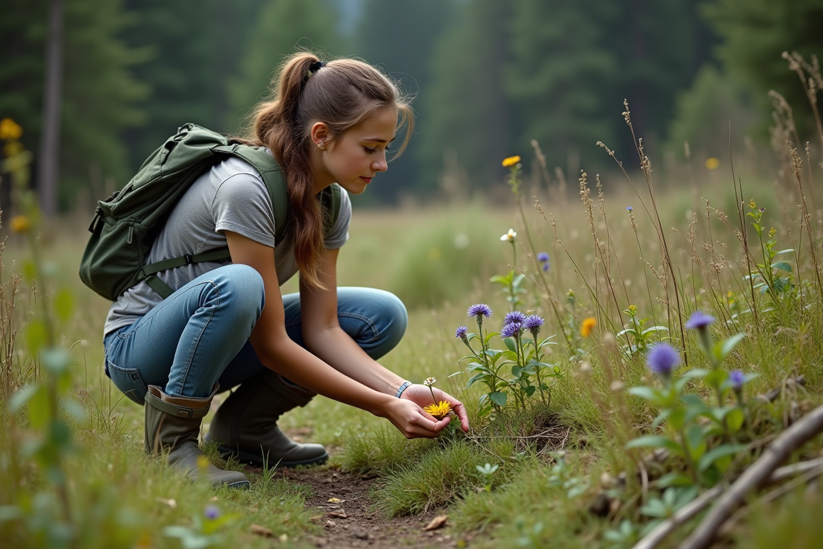 Jeune femme examinant une plante rare dans une prairie naturelle