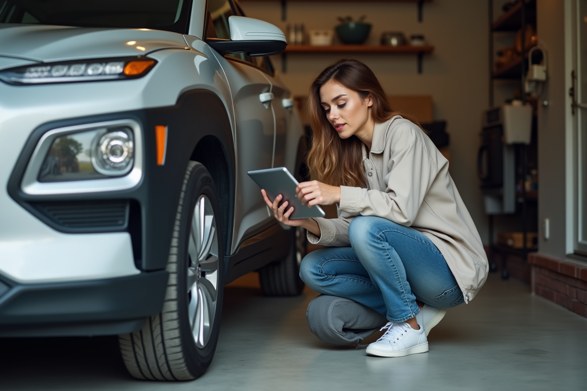 Jeune femme en jeans utilisant une tablette près d