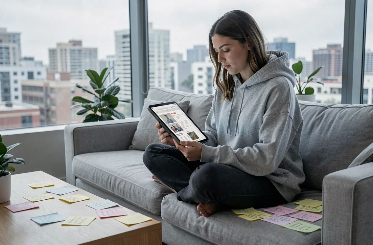 Jeune femme lisant un blog sur tablette entourée de notes autocollantes dans un salon moderne, illustrant la lecture analytique en ligne