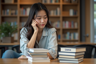 Jeune femme compare deux piles de livres master et licence