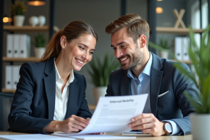 Jeune femme en entreprise examinant des documents de mobilité interne