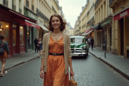 Jeune femme parisienne en robe à pois dans la rue des années 1950