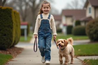 Jeune fille de 12 ans marche un chien dans un quartier résidentiel