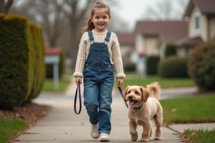 Jeune fille de 12 ans marche un chien dans un quartier résidentiel