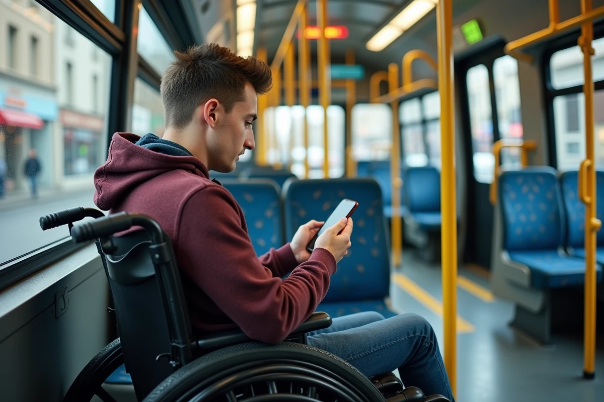 Jeune homme en fauteuil vérifie horaires dans bus lyonnais