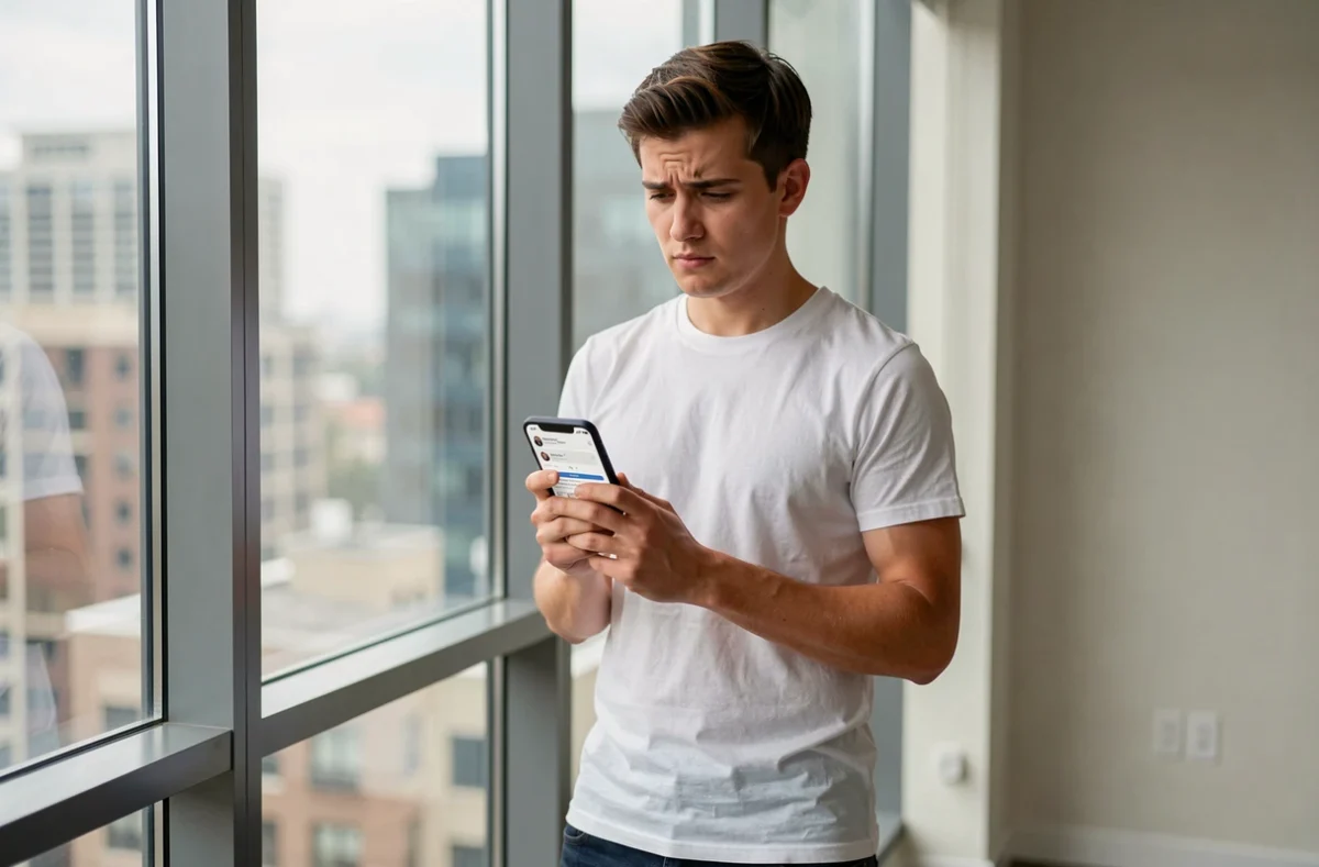 Jeune homme lisant les avis utilisateurs Kordoz sur son smartphone près d'une fenêtre