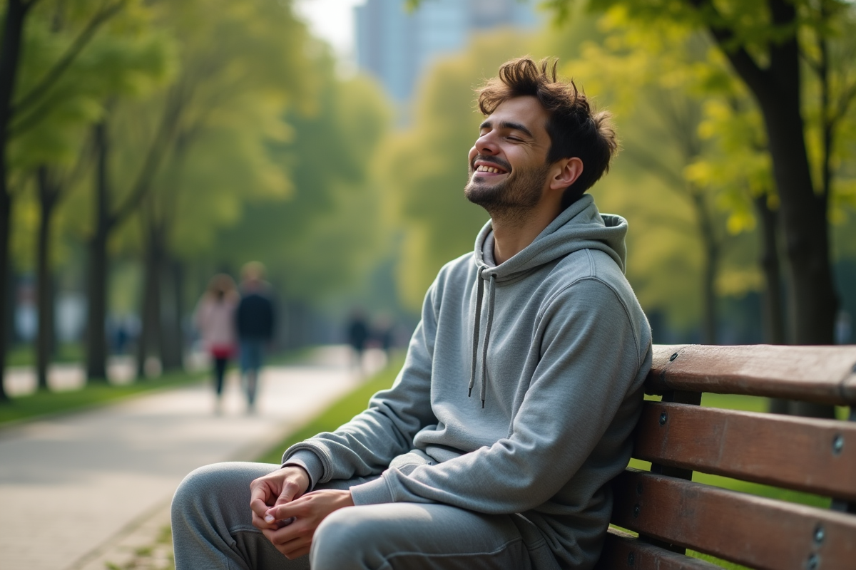 Jeune homme assis paisiblement sur un banc dans un parc