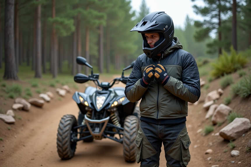 Jeune homme en équipement de sécurité prêt à faire du quad