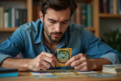 Jeune homme en denim examine une carte Pok&eacute;mon vintage