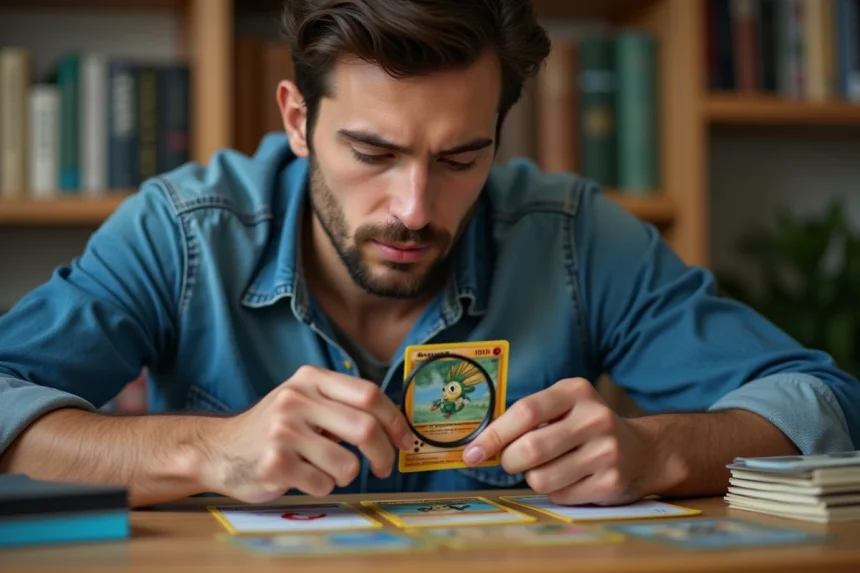 Jeune homme en denim examine une carte Pok&eacute;mon vintage