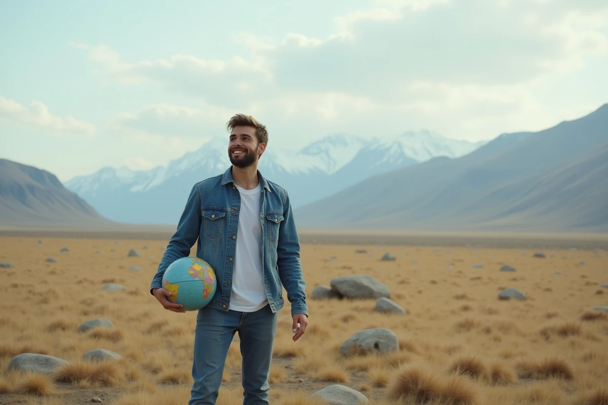 Jeune homme avec globe dans un paysage de toundra sauvage