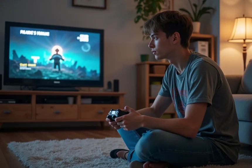 Jeune homme jouant &agrave; un jeu vid&eacute;o nostalgique