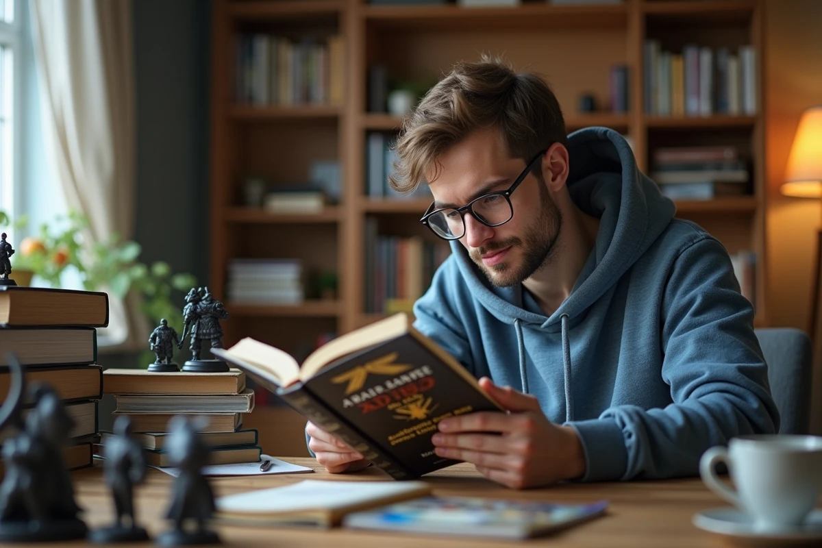 Jeune homme lisant un roman Warhammer 40K dans un salon cosy