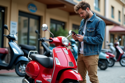 Jeune homme avec moto Dax rouge en ville Dax