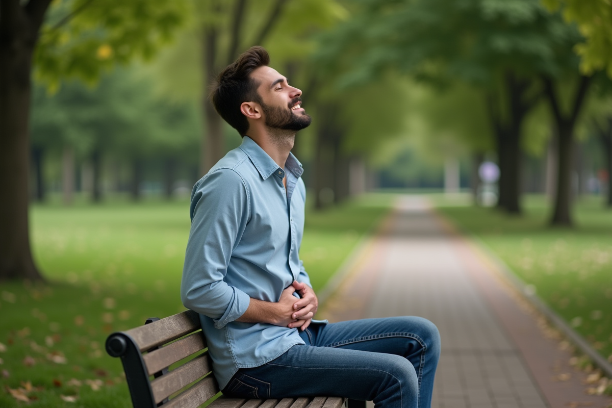 Jeune homme assis sur un banc dans un parc vert et paisible