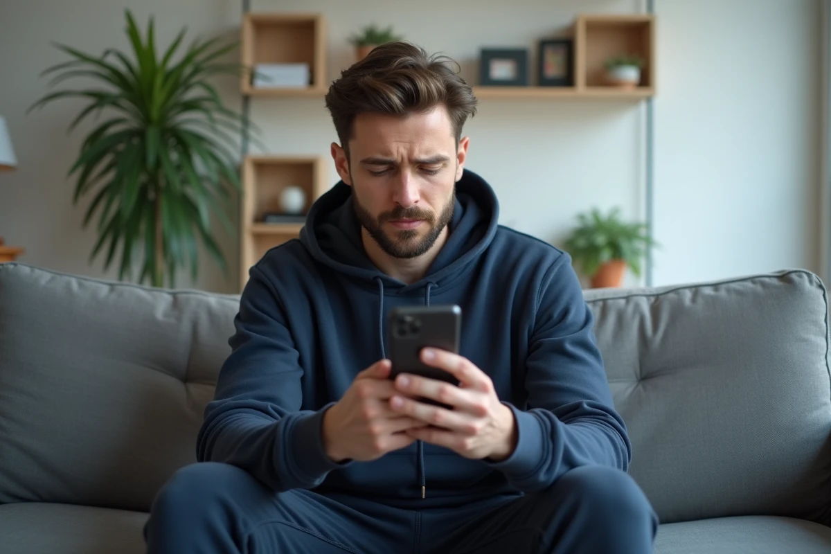 Jeune homme seul sur un canapé regardant son smartphone dans un salon