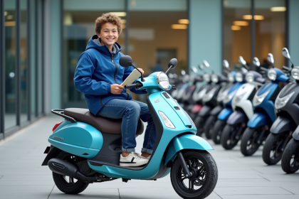 Jeune garçon souriant avec scooter en concession urbaine