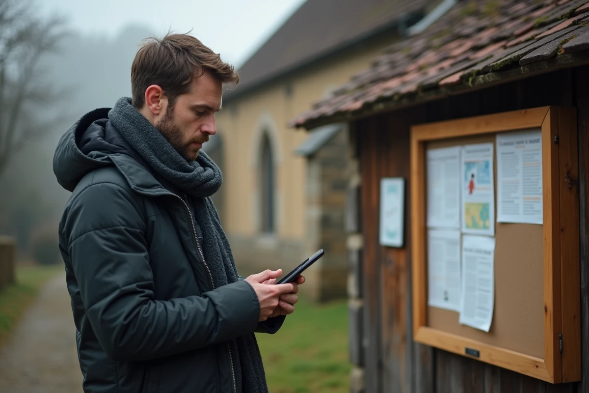 Jeune homme regardant son smartphone devant une église rurale