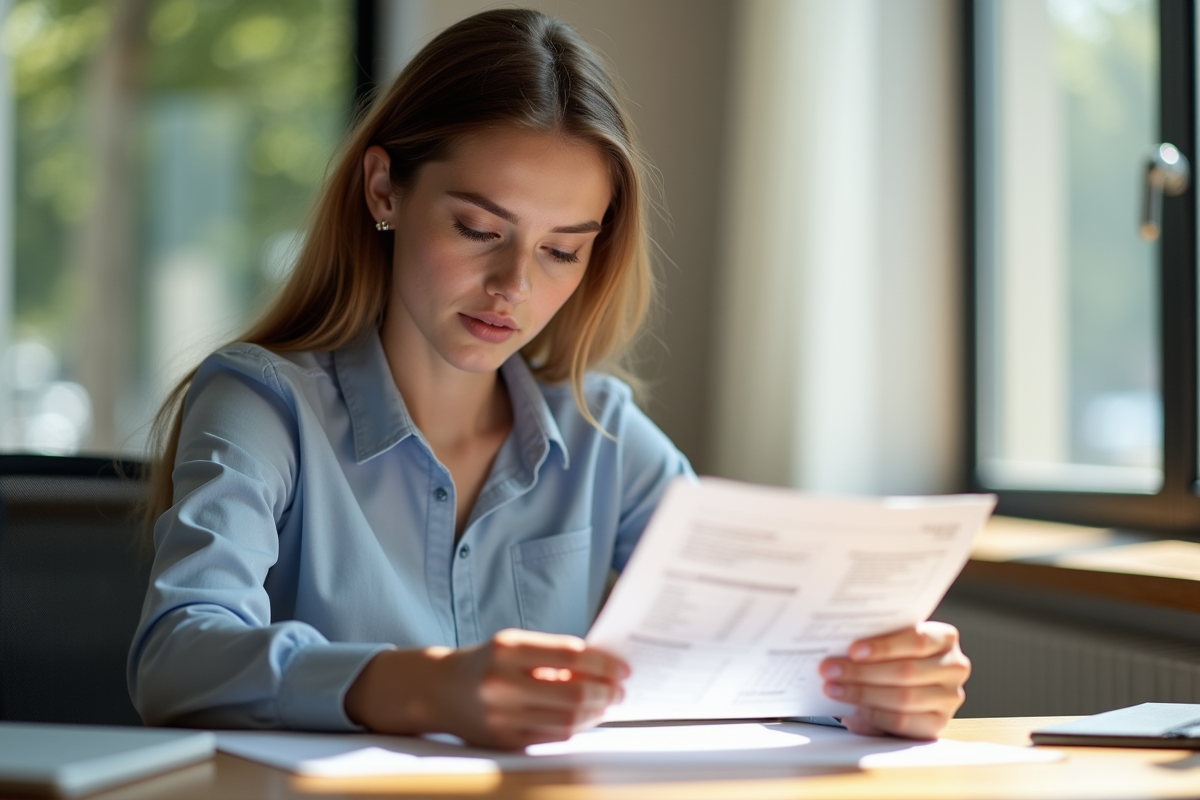 Jeune professionnel tenant une fiche de paie au bureau lumineux