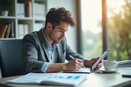Jeune professionnel analysant des graphiques financiers sur une tablette