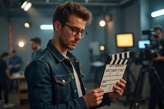 Jeune réalisateur tenant un clap de cinéma sur un plateau de tournage professionnel, illustrant l'influence de James Funn sur la nouvelle génération de cinéastes