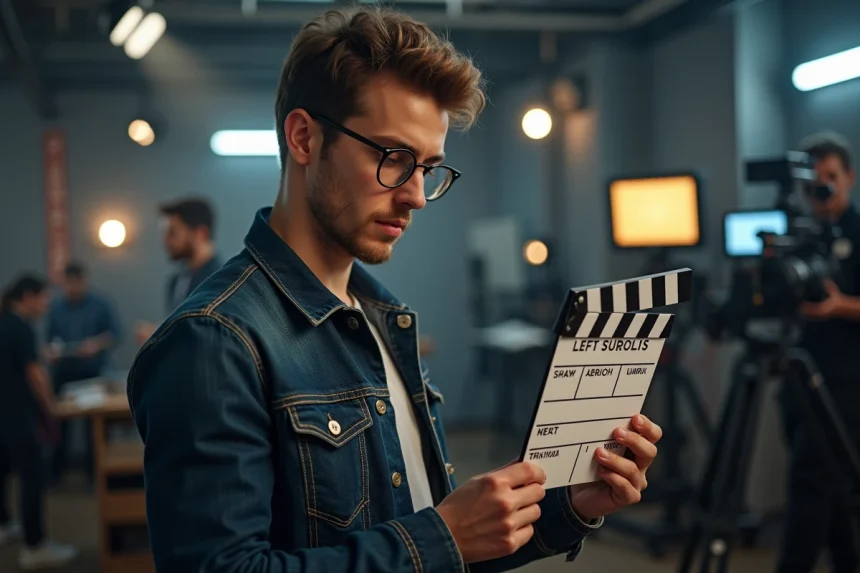 Jeune réalisateur tenant un clap de cinéma sur un plateau de tournage professionnel, illustrant l'influence de James Funn sur la nouvelle génération de cinéastes
