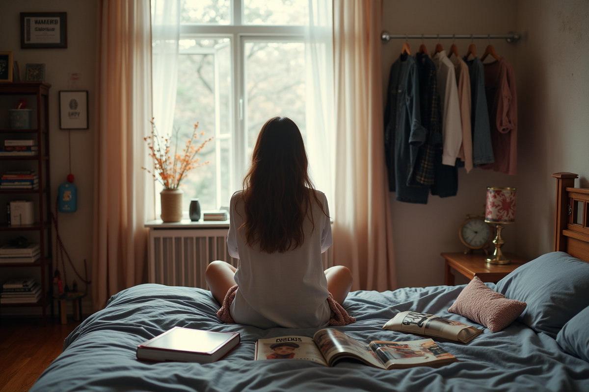 Jeune seul dans sa chambre regardant par la fenêtre