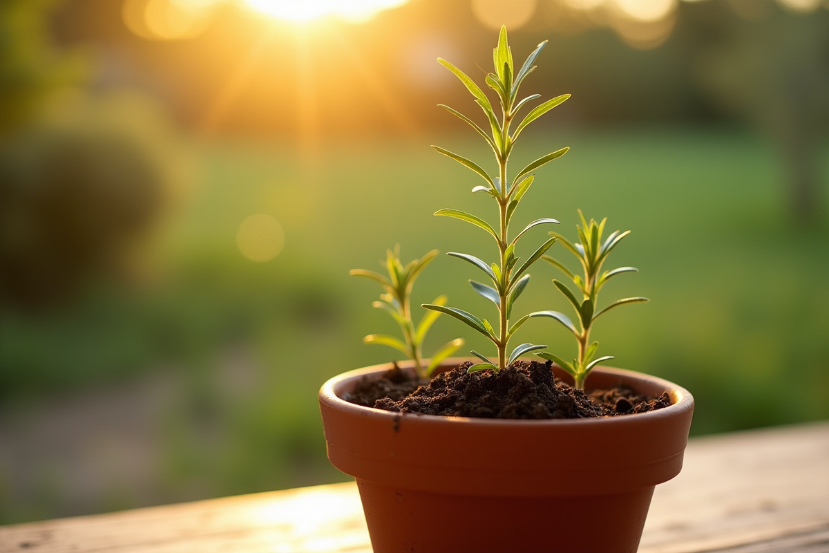 Jeune romarin en pot en terre dans un jardin ensoleille