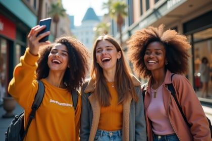 Groupe d'ados divers riant en ville en selfie