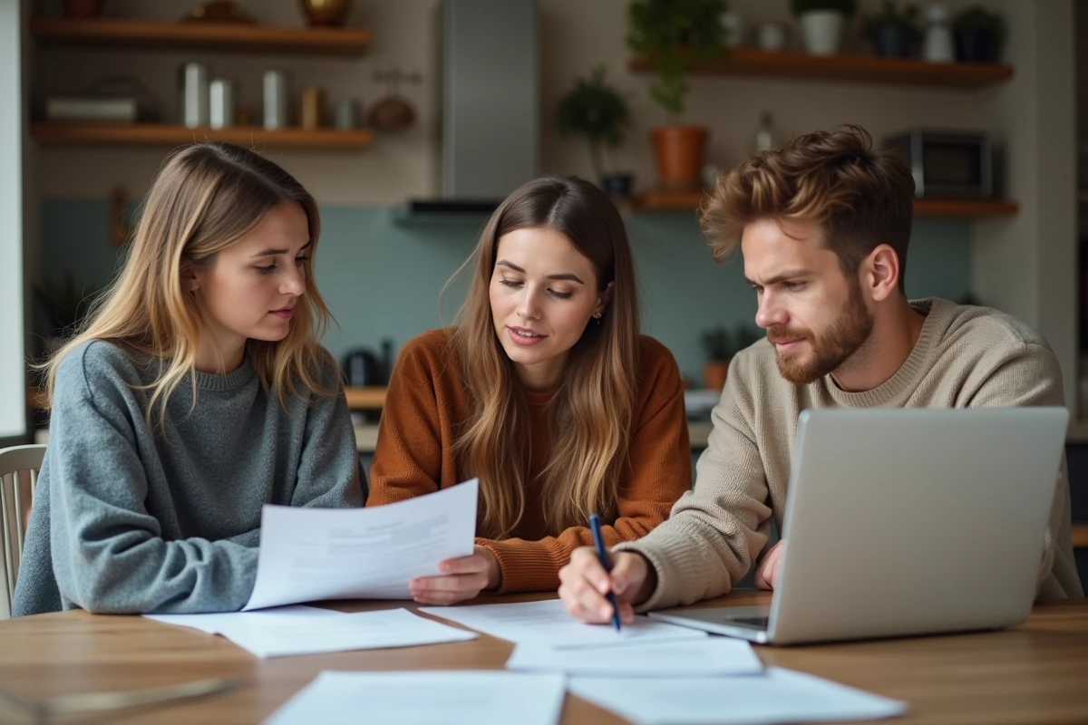 Trois jeunes adultes discutent autour de documents dans une cuisine moderne