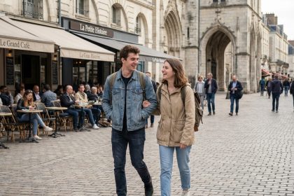 Deux étudiants souriants dans une rue de Tours