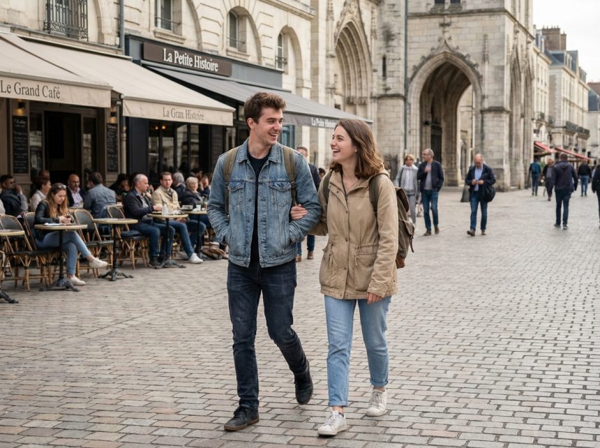 Deux étudiants souriants dans une rue de Tours