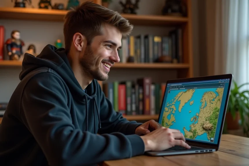Joueur consultant le site dofusportal sur un ordinateur portable pour localiser des portails dans le jeu Dofus