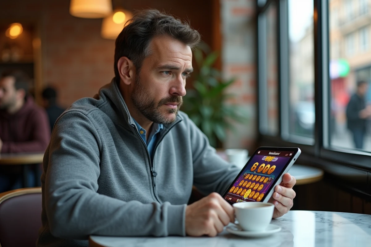 Joueur adulte consultant ses techniques Monopoly GO magnat sur tablette dans un café urbain
