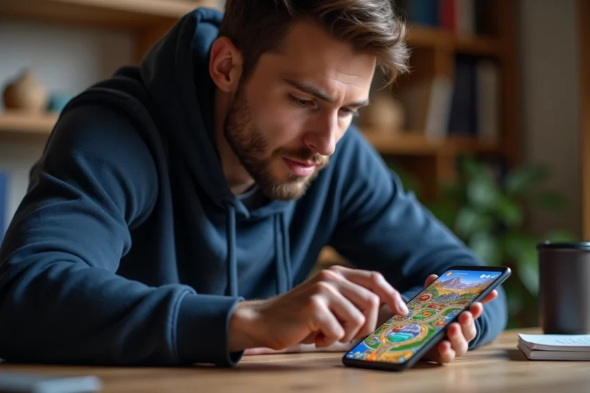 Joueur confirmé de Monopoly GO utilisant la technique du lien magnat sur smartphone depuis son bureau à domicile