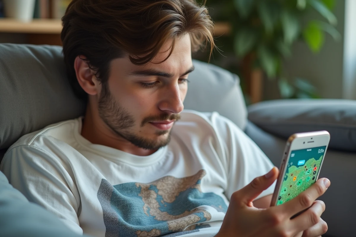 Jeune joueur utilisant son smartphone pour accéder à dofusportal et trouver rapidement un portail Dofus