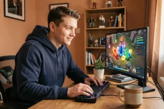 Jeune joueur détendu devant son écran de jeu RPG avec interface d'XP et de minerais en mode chill