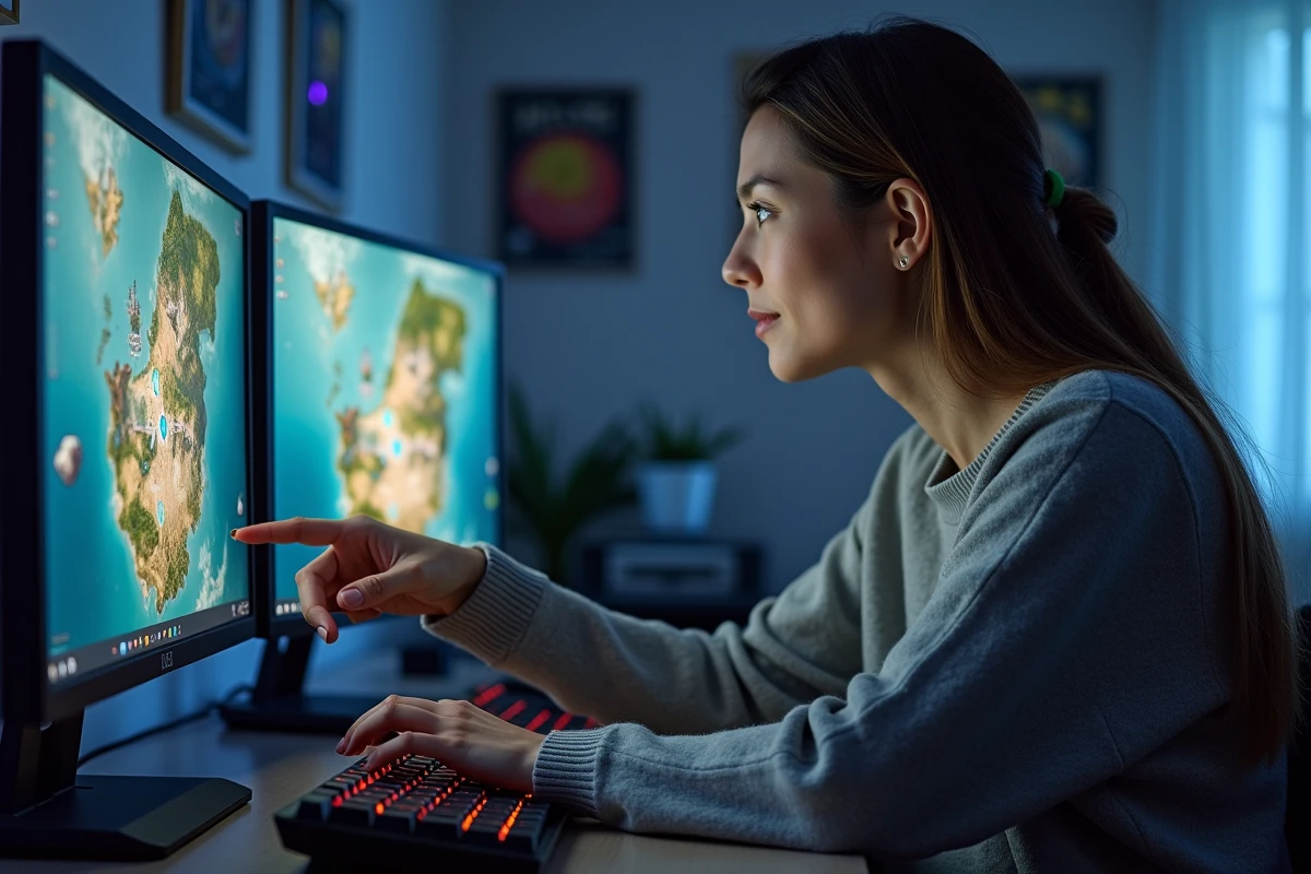 Joueuse utilisant un double écran pour naviguer sur dofusportal et repérer les portails de téléportation Dofus