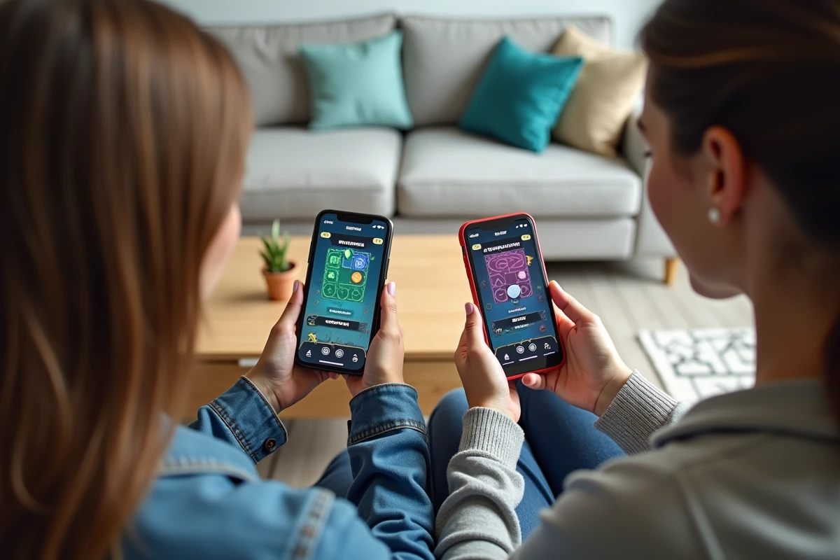 Deux joueuses comparant leurs stratégies Monopoly GO magnat sur smartphone dans un salon moderne