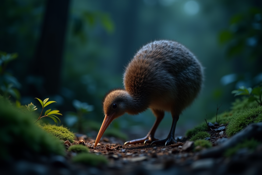 Oiseau kiwi cherchant nourriture dans la forêt la nuit